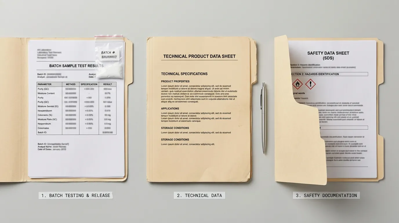 Three generic chemical-document folders arranged beside a batch sample on a review desk