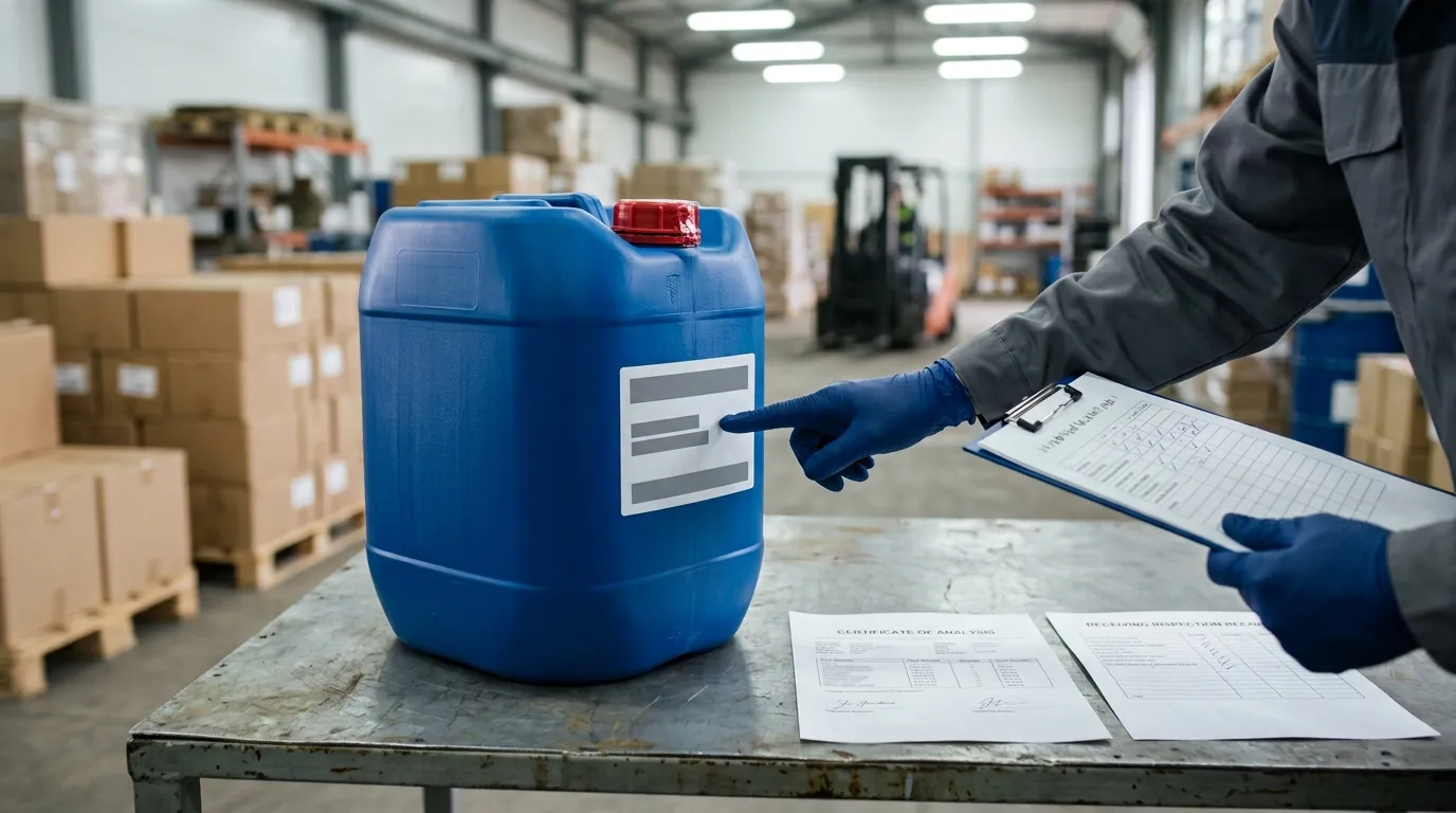 QA inspection of an unbranded chemical container beside generic batch paperwork