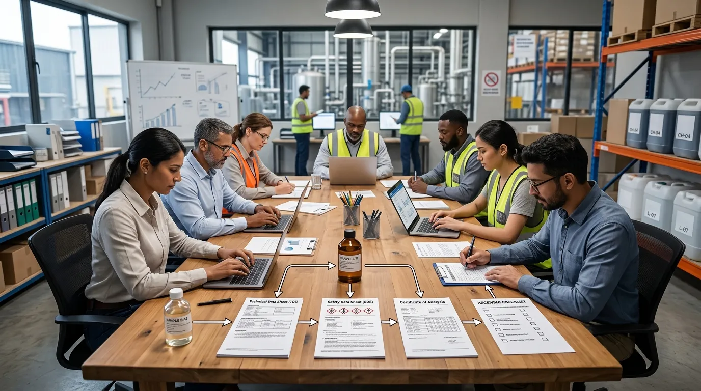 Professionals reviewing generic chemical documents alongside a product sample and receiving records