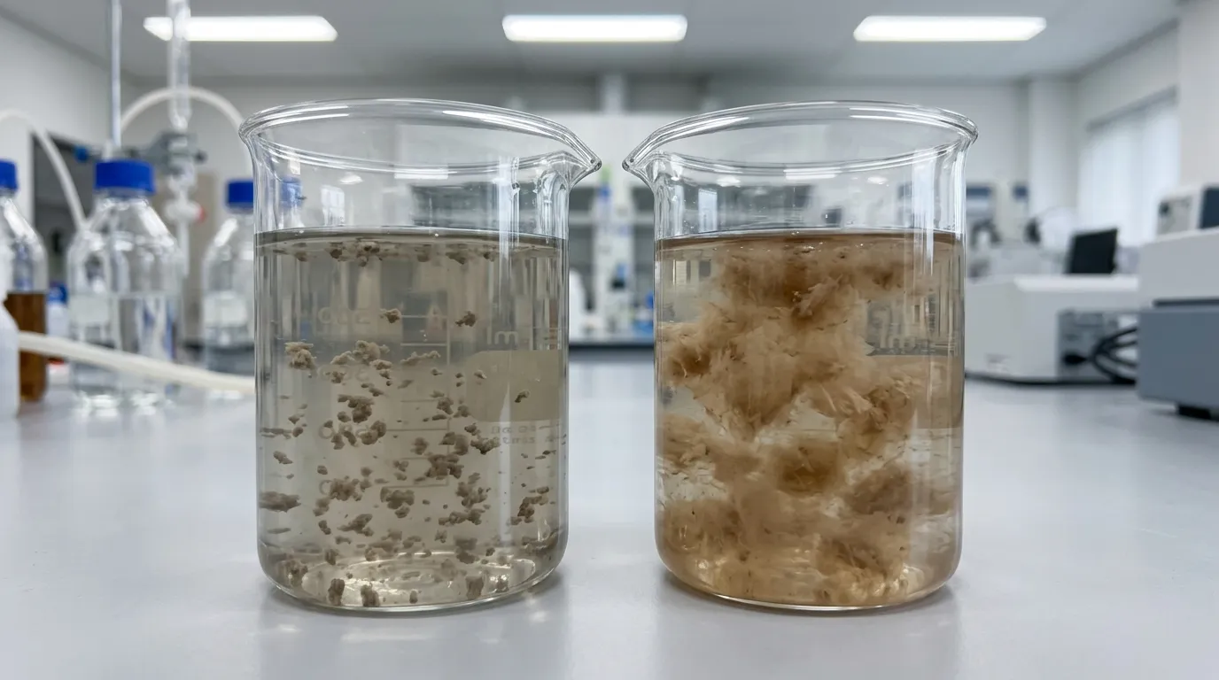 Side-by-side wastewater samples showing contrasting flocculation comparisons