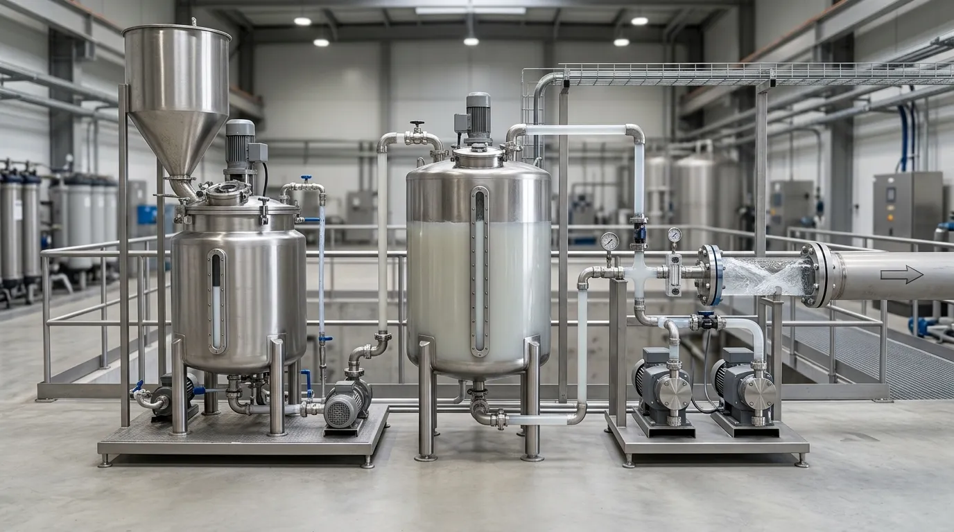 Separate polyacrylamide preparation tank and downstream dosing line