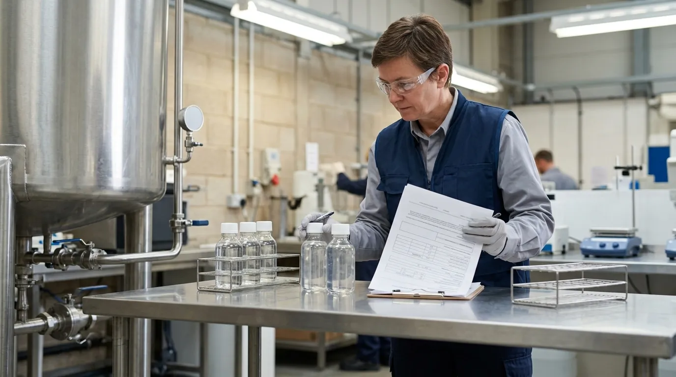 Technician reviewing polyacrylamide solution samples and generic documents