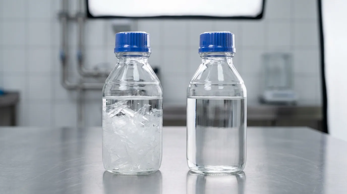 Two unbranded sealed vessels representing different acetic-acid product forms