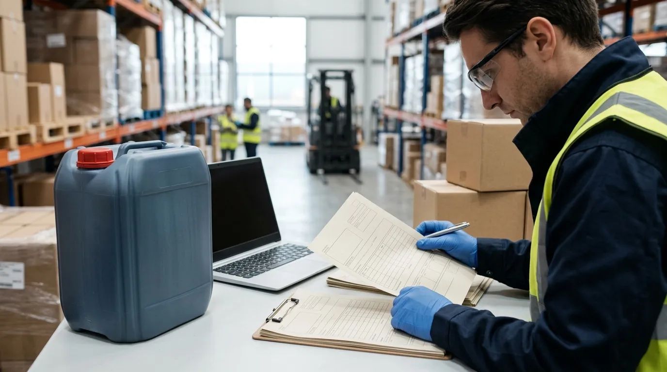 Professional reviewing blank transport documents beside a sealed chemical container