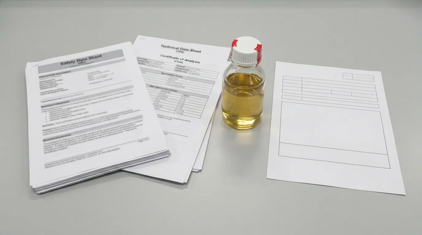 Generic chemical sample container beside non-readable quality and safety documents
