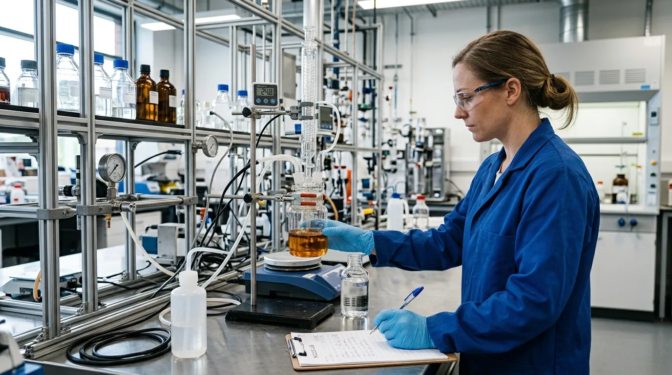Technician evaluating a generic chemical sample in a controlled laboratory test setup