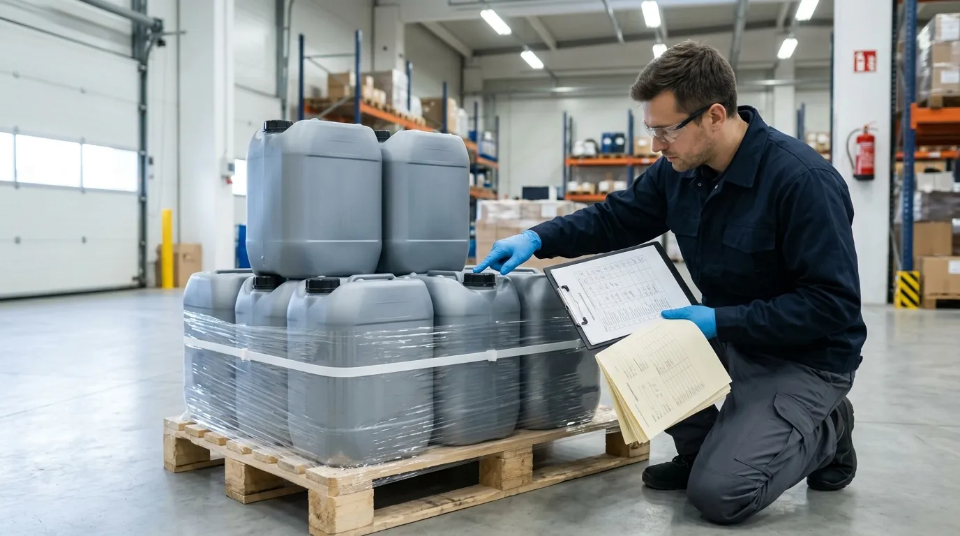 Worker checking sealed chemical containers and batch documents during receiving inspection