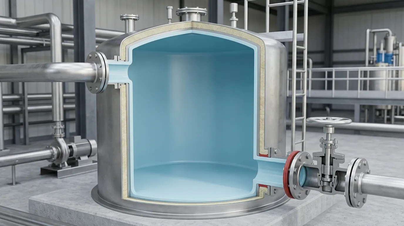 Cross-section of an industrial storage tank showing the tank wall, lining, valve, gasket, and seal as separate wetted components