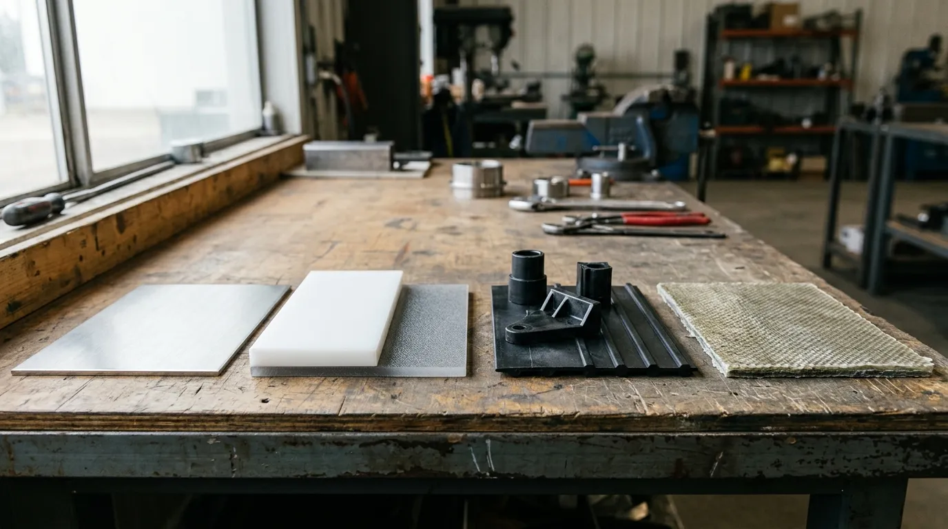 Side-by-side comparison of stainless steel, polymer, and FRP tank material samples