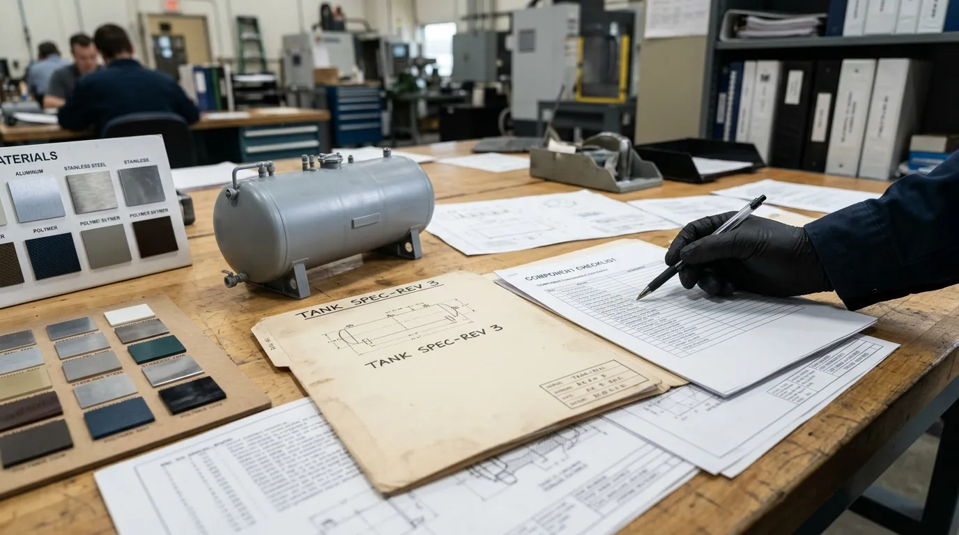 Engineering review of generic tank documents, material samples, and a storage tank component checklist