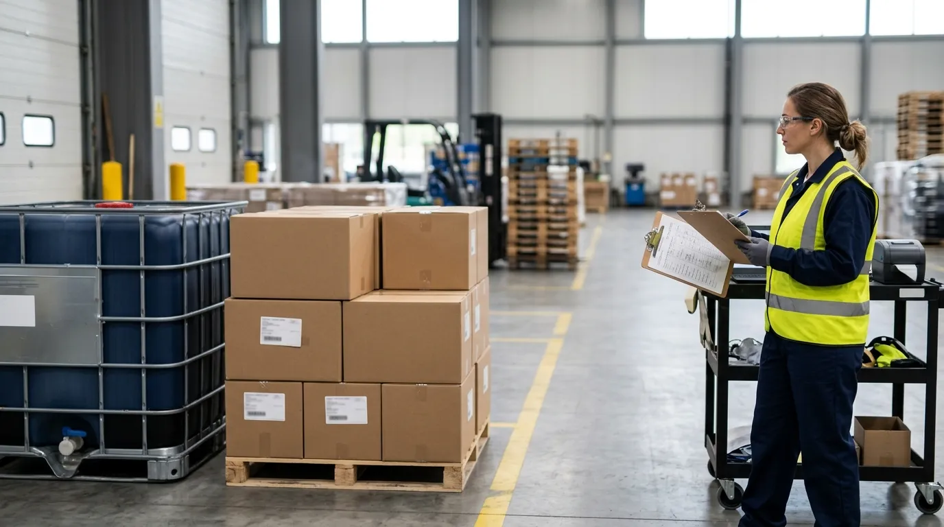 QA professional reviewing unbranded chemical shipment units and inspection records