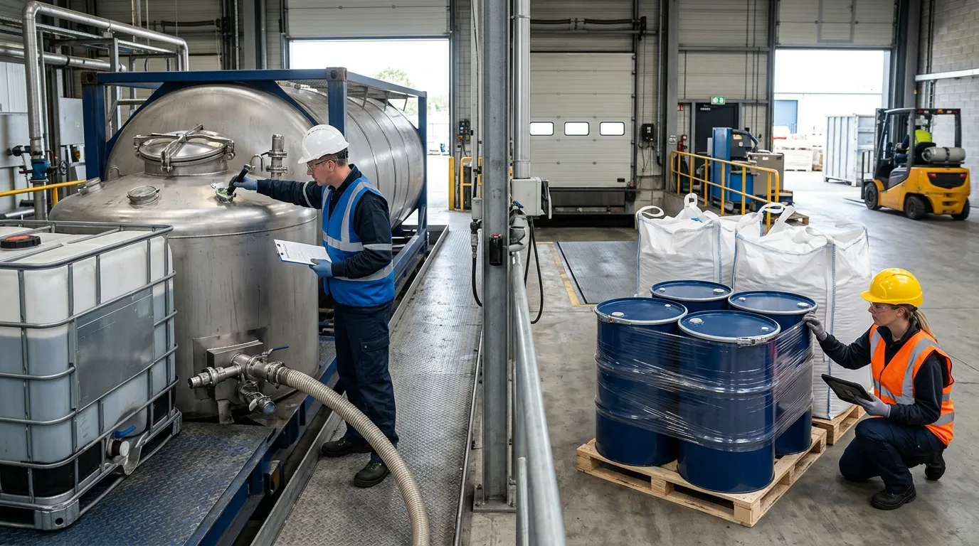 Side-by-side view of bulk chemical containment and packaged chemical units