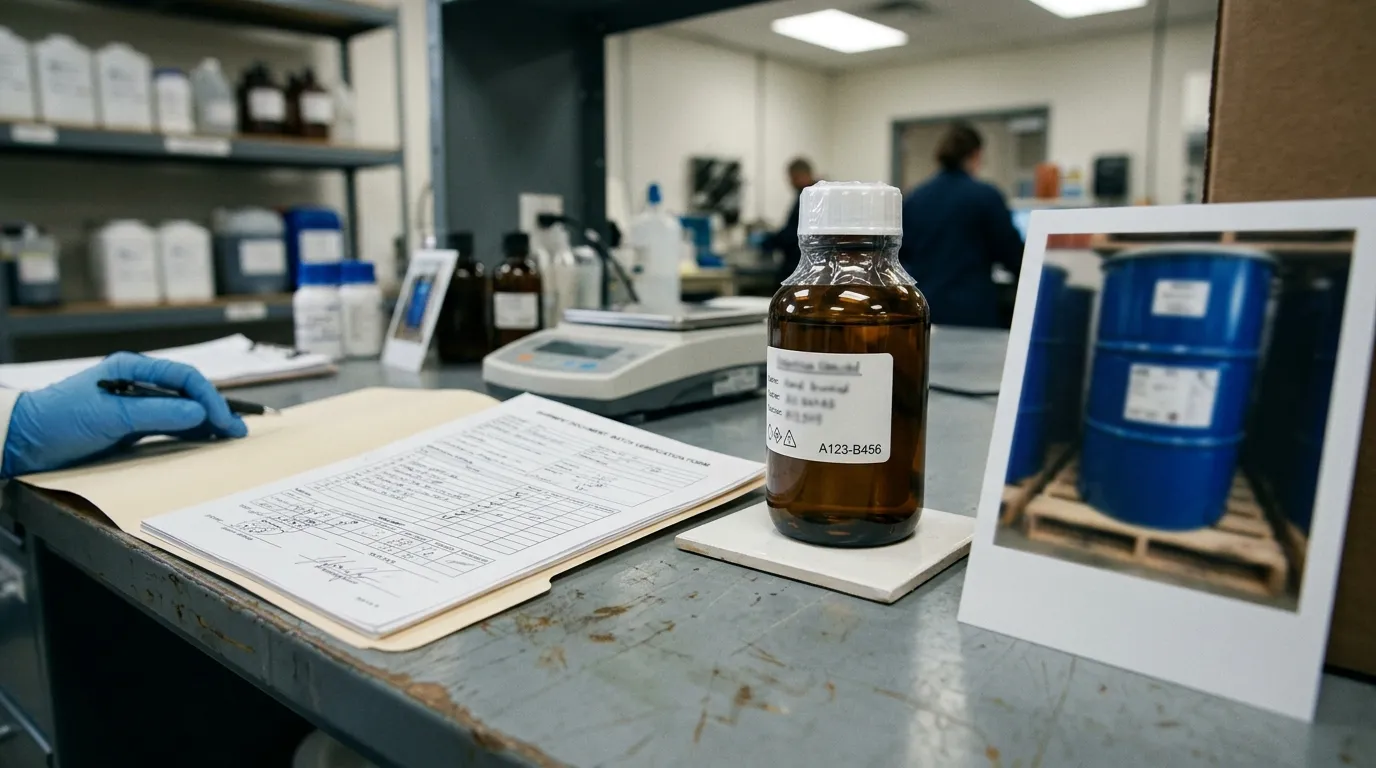 Unreadable shipment documents reviewed beside a sealed chemical sample container