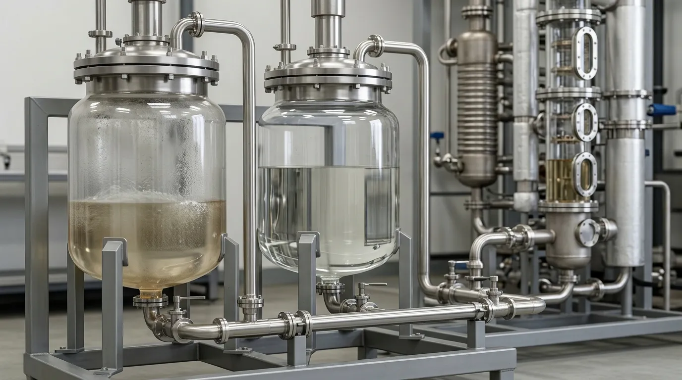Side-by-side comparison of concentrated and aqueous acetic-acid feedstocks beside process separation equipment