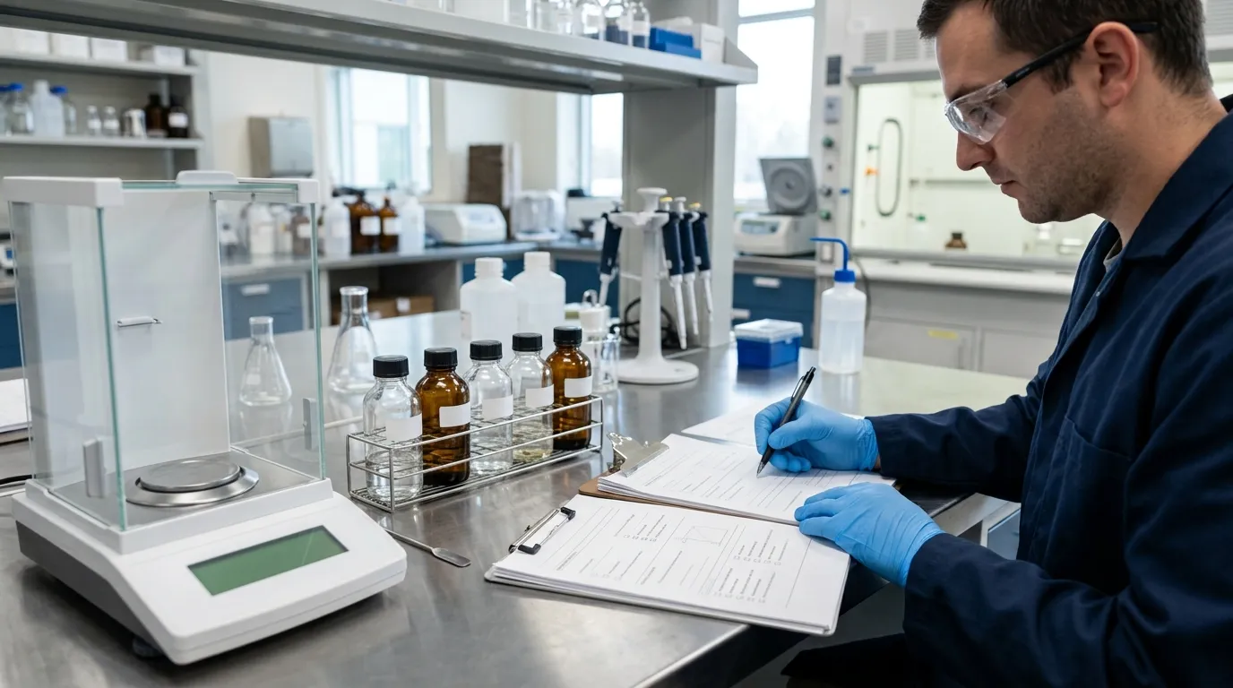 Quality-control technician reviewing unreadable documents beside sealed chemical samples and laboratory equipment