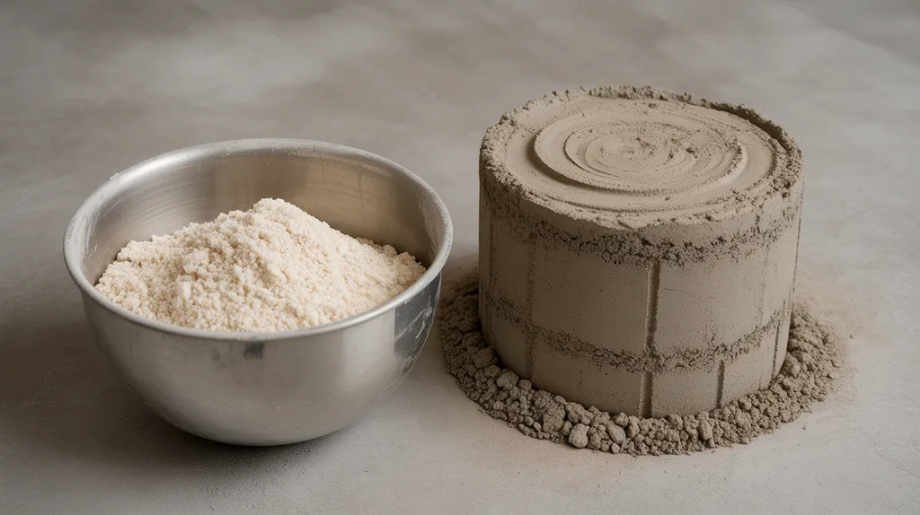 Unbranded dry calcium formate additive beside fresh masonry mortar