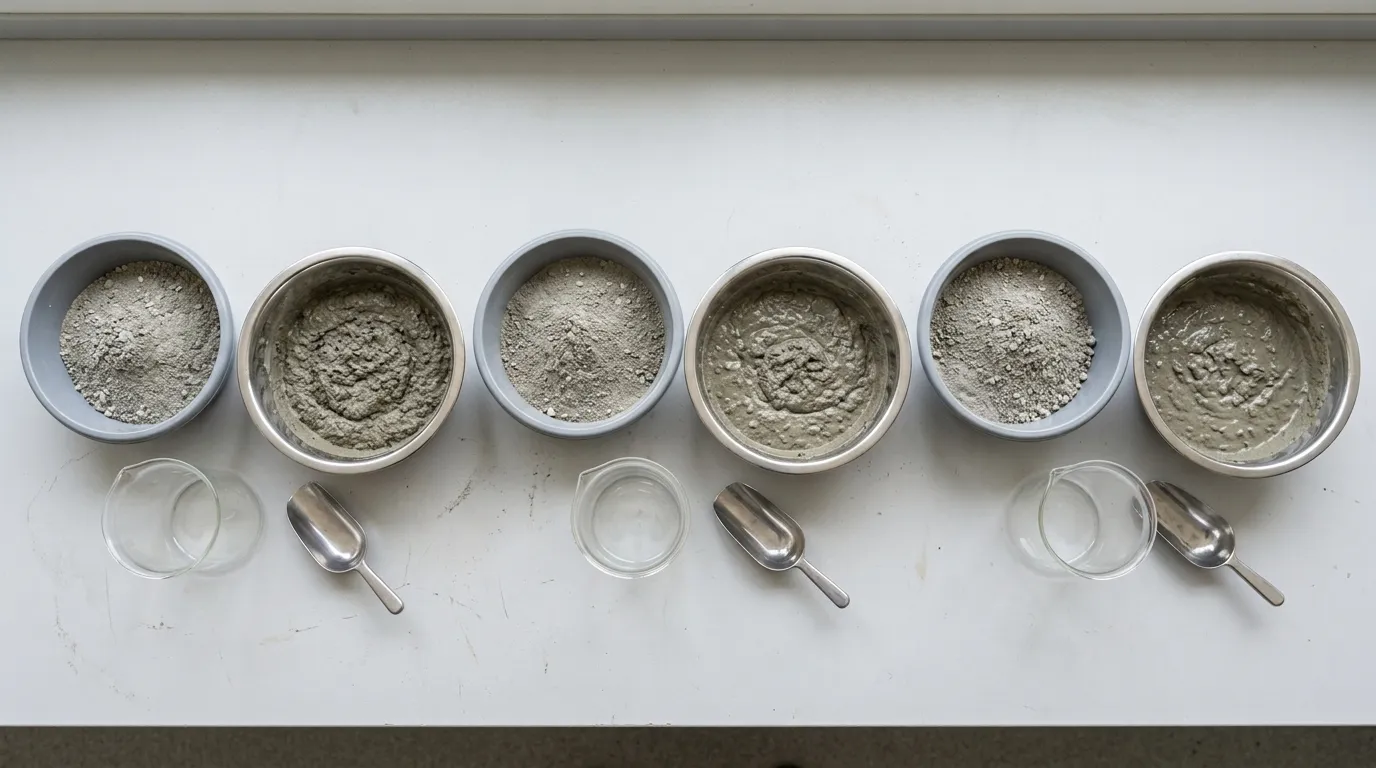 Side-by-side unbranded mortar batches prepared for dosage comparison