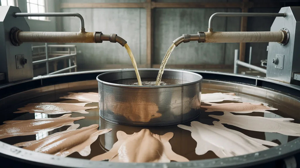 Leather hides immersed in an industrial pickling vessel with two unbranded acid-feed lines