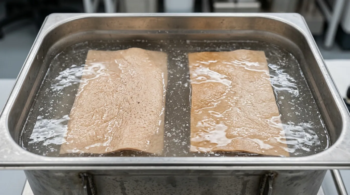 Leather sections and salt dispersed in a controlled pickling bath