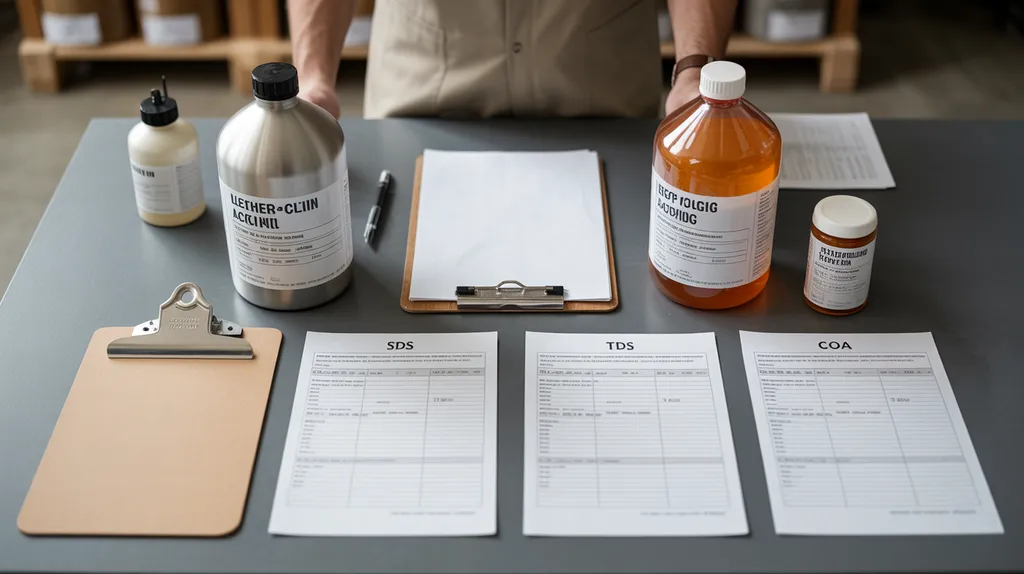 Unbranded acid samples and unreadable technical documents arranged for procurement review