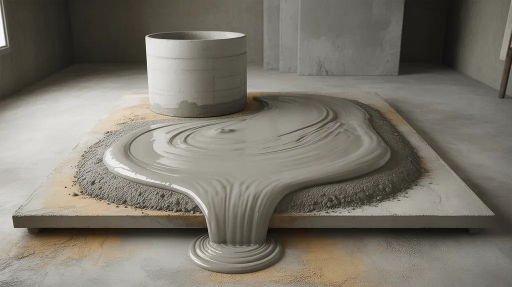 Cementitious self-leveling material spreading across a test panel beside an unbranded mixing vessel