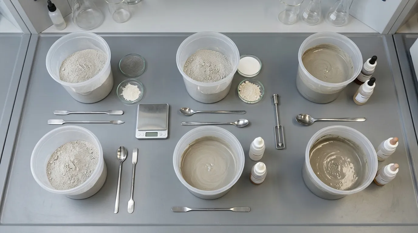 Unbranded mixing vessels and additive samples arranged for a controlled self-leveling formulation comparison