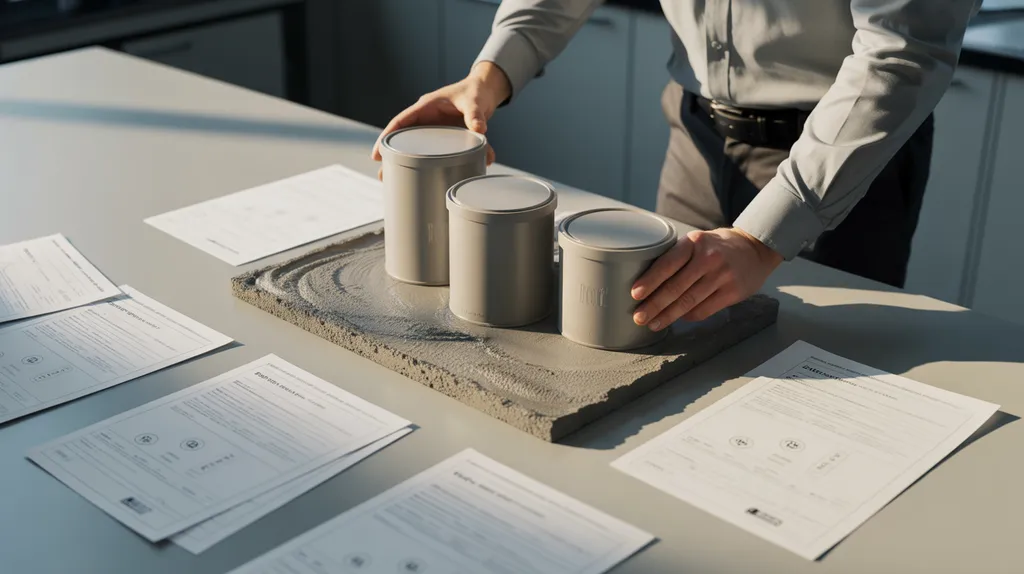 Technician reviewing unbranded chemical samples and unreadable technical documents on an inspection table