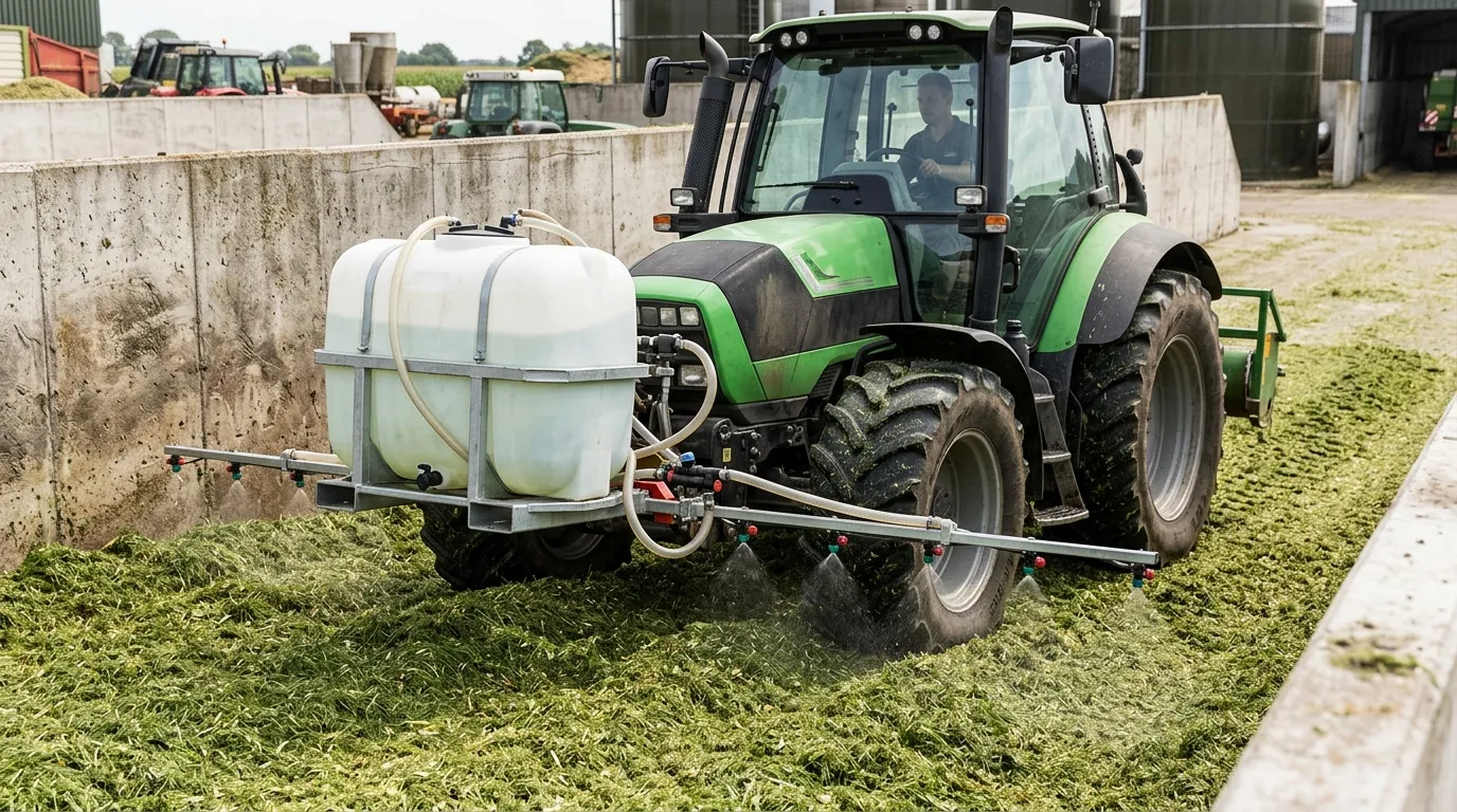 Formic-acid solution being uniformly applied to forage during silage compaction