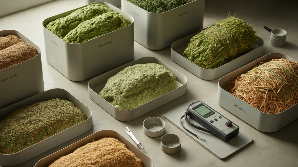 Different forage samples arranged for moisture and treatment assessment