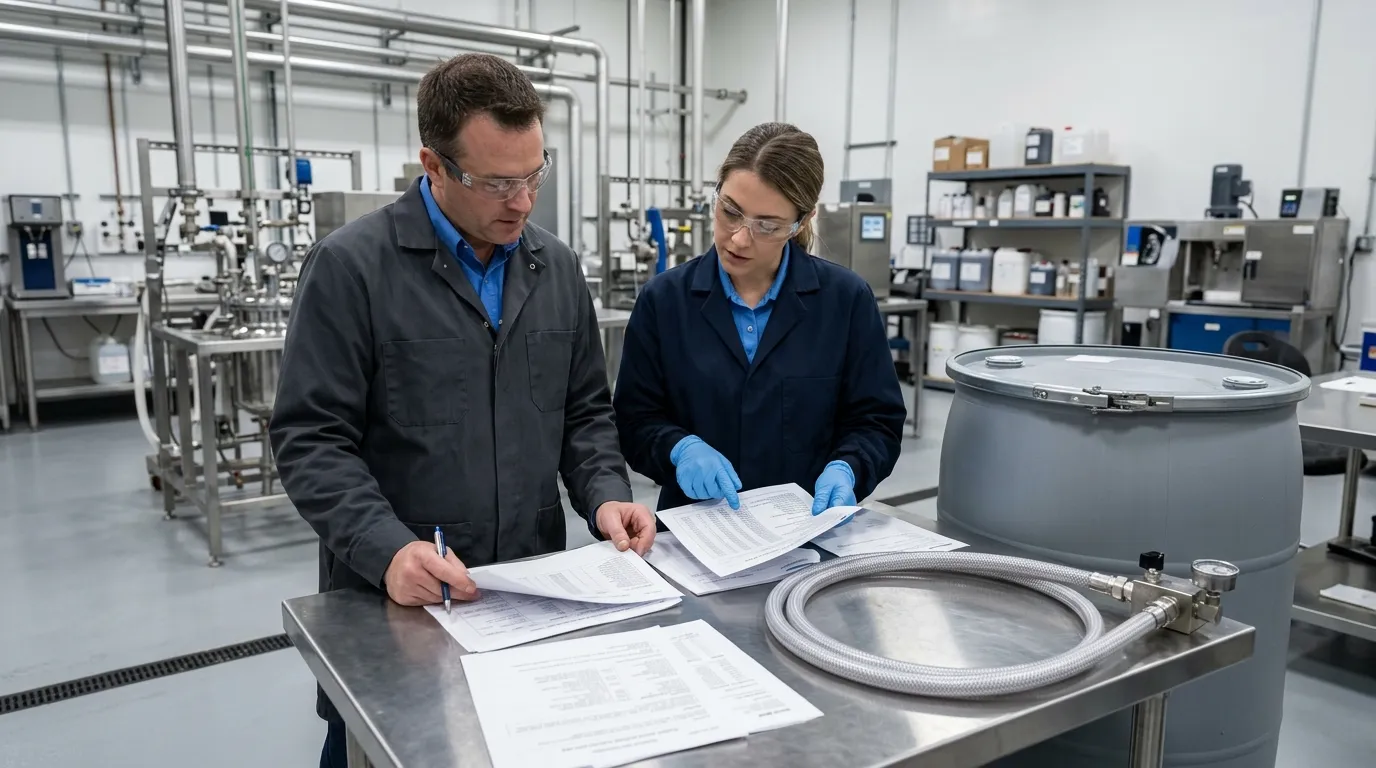Feed-plant staff reviewing chemical documents beside a sealed container and transfer line