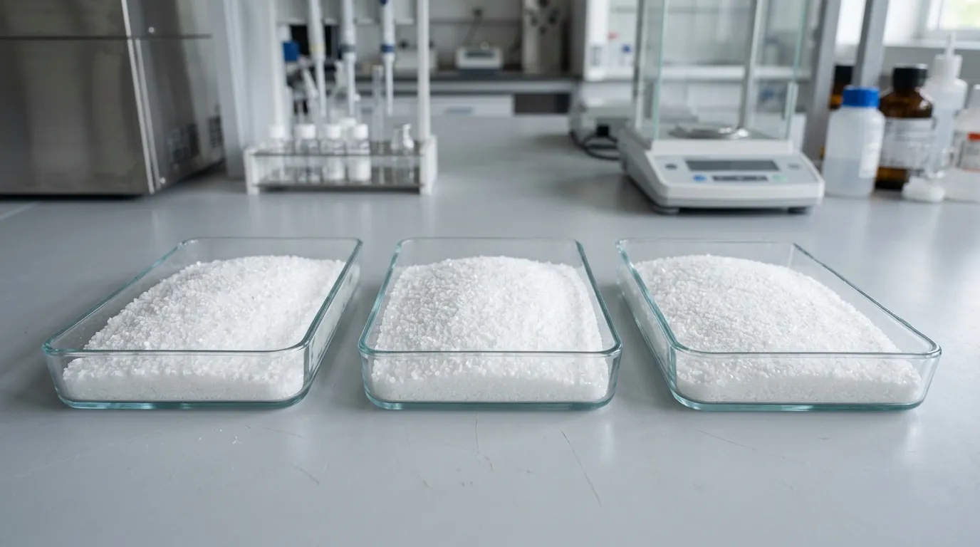 Three unbranded solid sodium formate samples arranged side by side