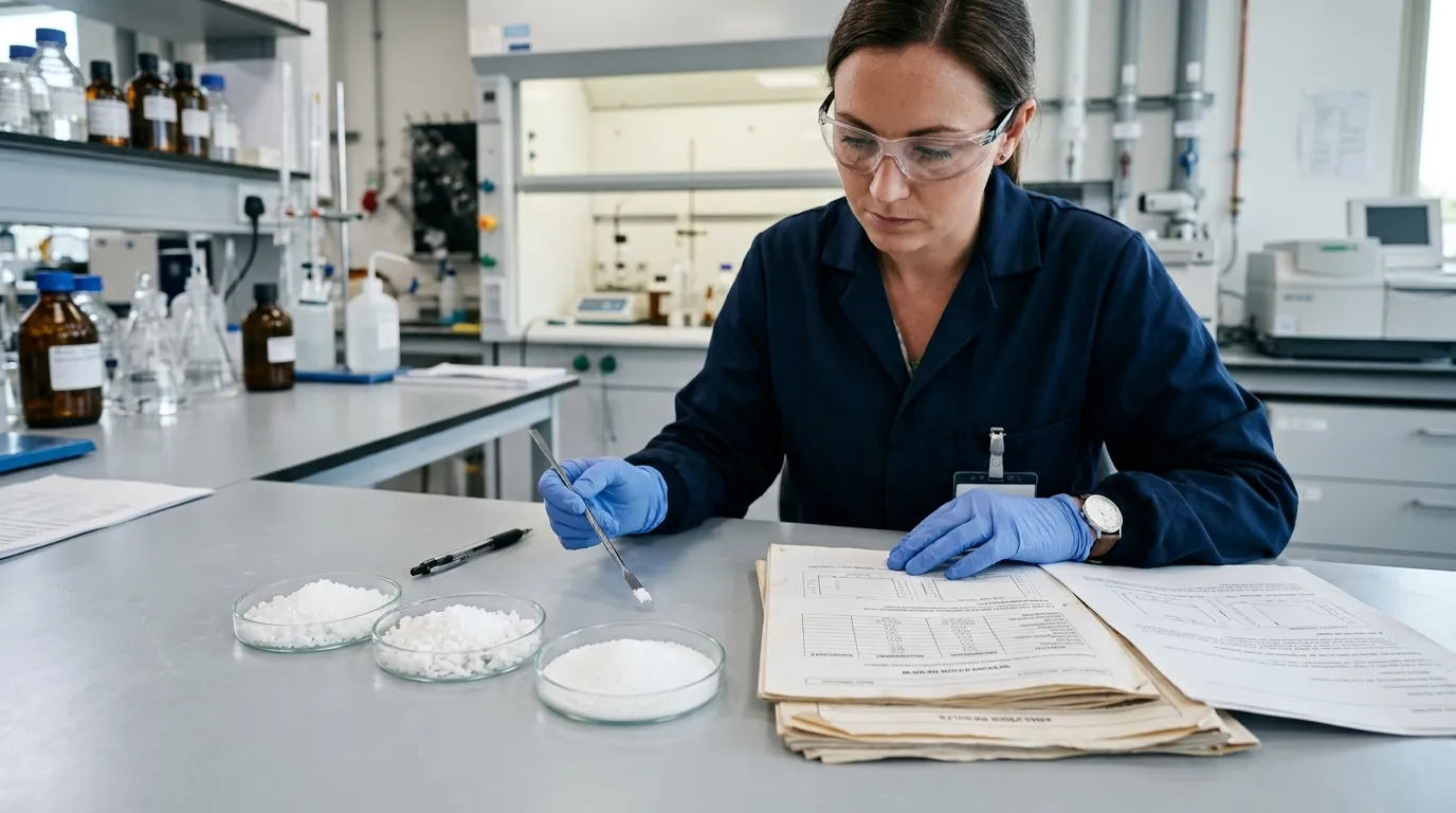 Solid sodium formate samples beside unreadable specification documents