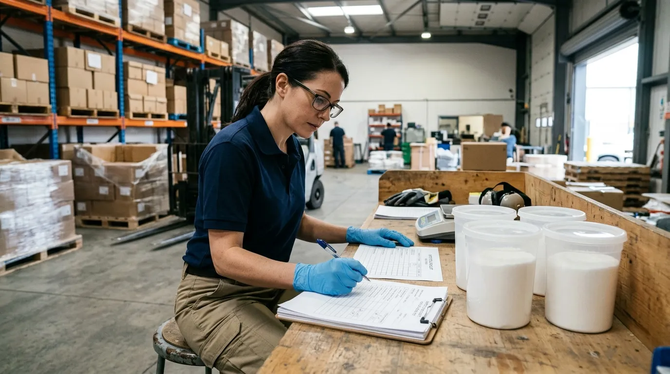 Operator reviewing generic batch documents beside sealed sodium formate samples