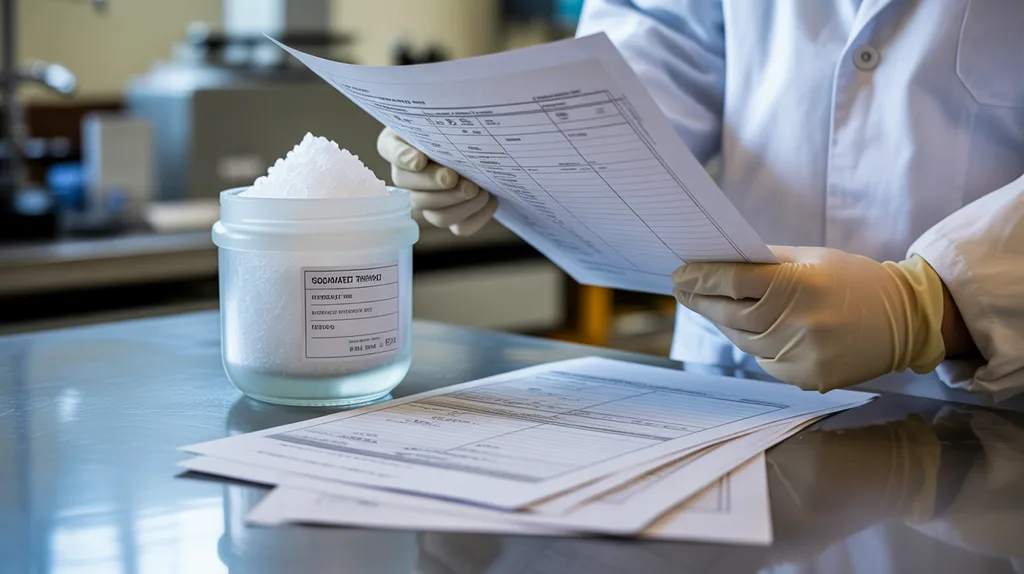 Quality-control review of a sodium acetate trihydrate sample and unreadable technical documents