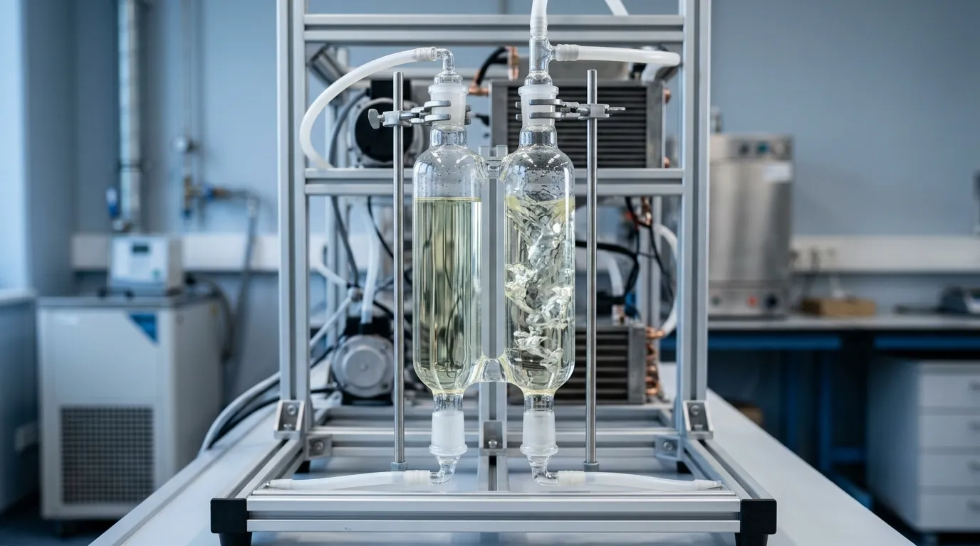 Transparent vessels showing aqueous potassium formate solution under different temperature conditions