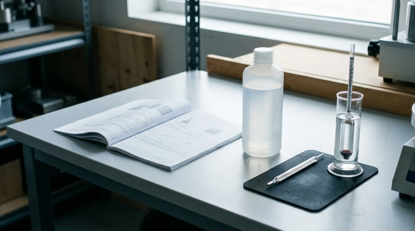 Quality-control workstation with generic documents and an unbranded liquid sample container