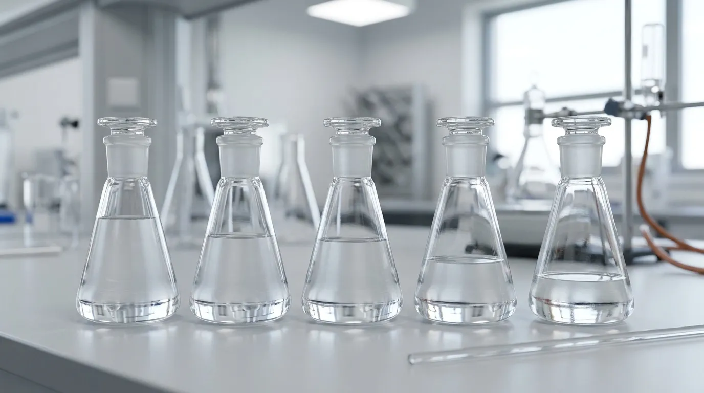 Unbranded vessels containing aqueous acetic acid solutions at different concentrations