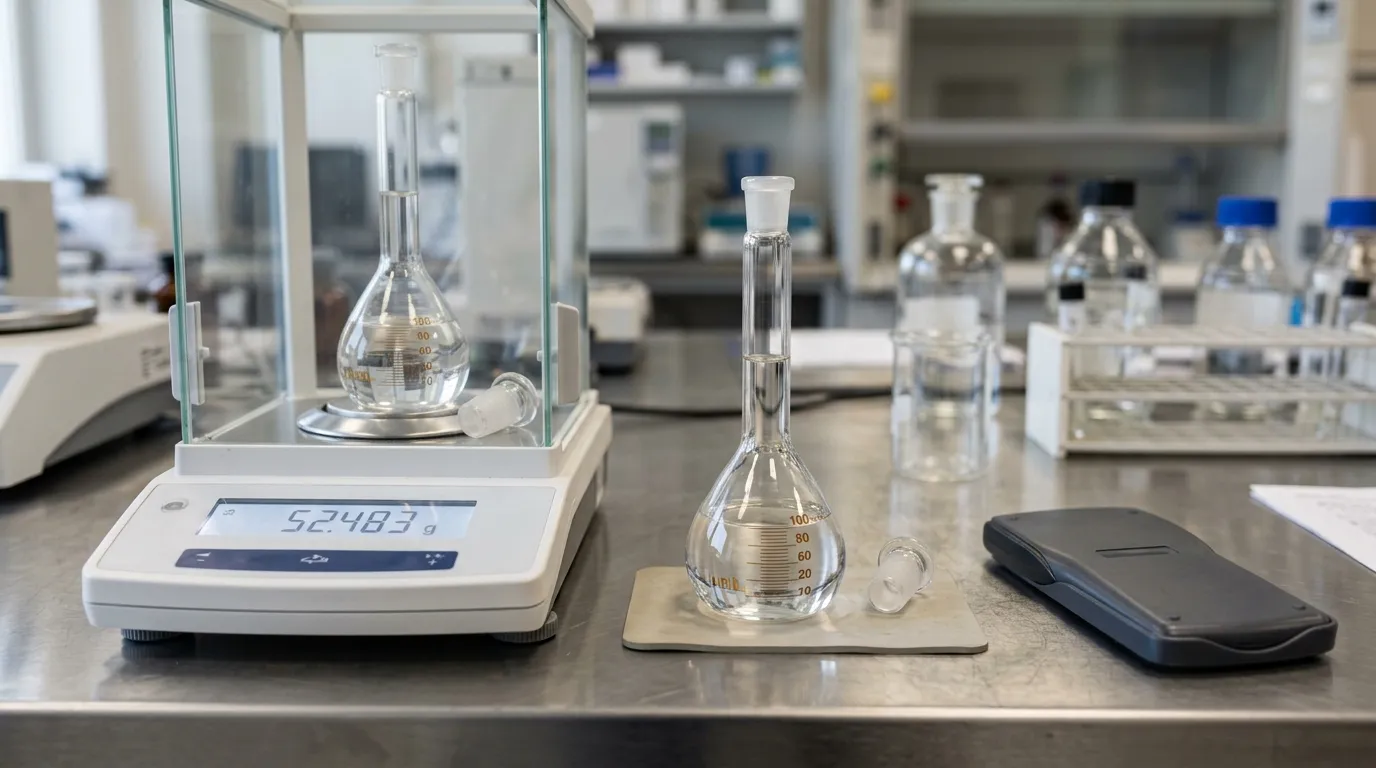 Laboratory balance and graduated vessel arranged for an acetic acid mass-to-volume calculation