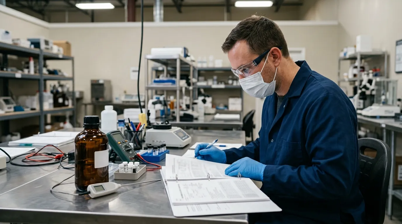Technician reviewing generic documents beside a sealed unbranded acetic acid sample container