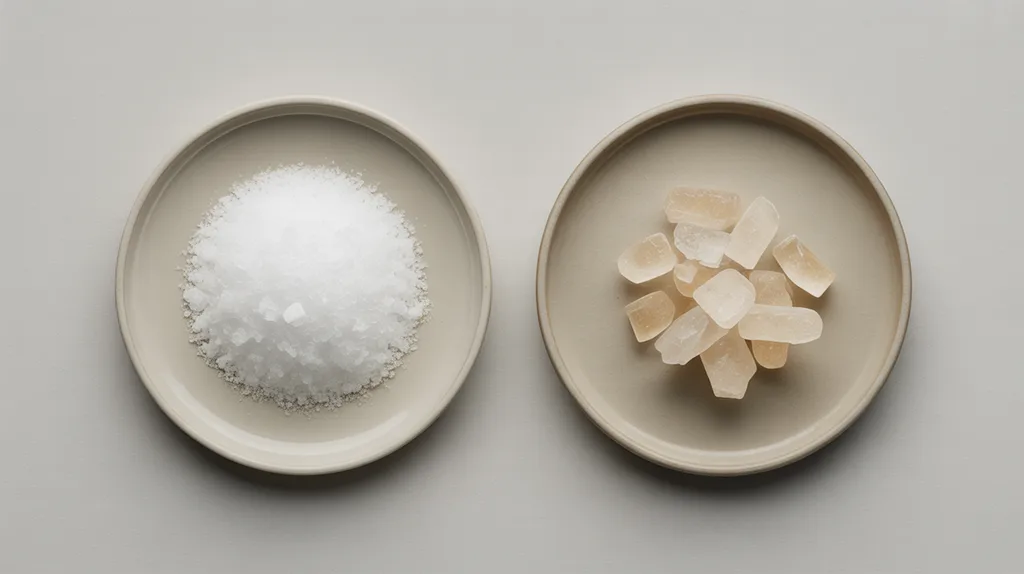 Side-by-side unbranded samples representing anhydrous and trihydrate sodium acetate