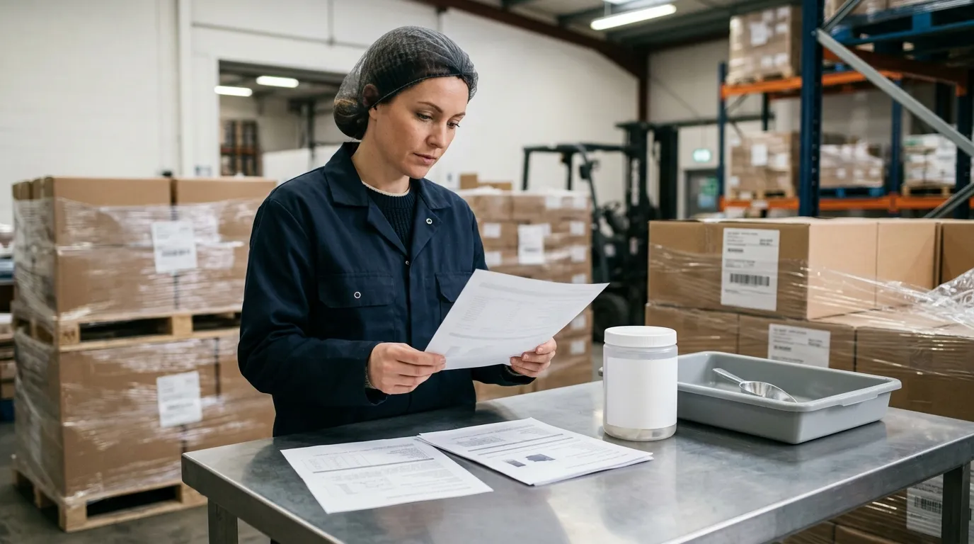 Procurement professional reviewing generic documents beside an unbranded chemical sample container