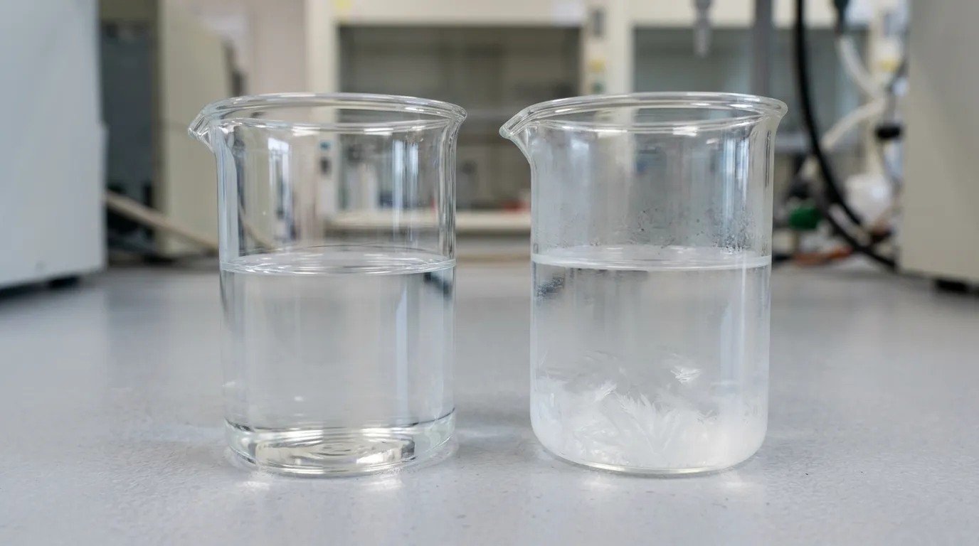 Two unbranded potassium formate solution vessels with different visible crystallization behavior