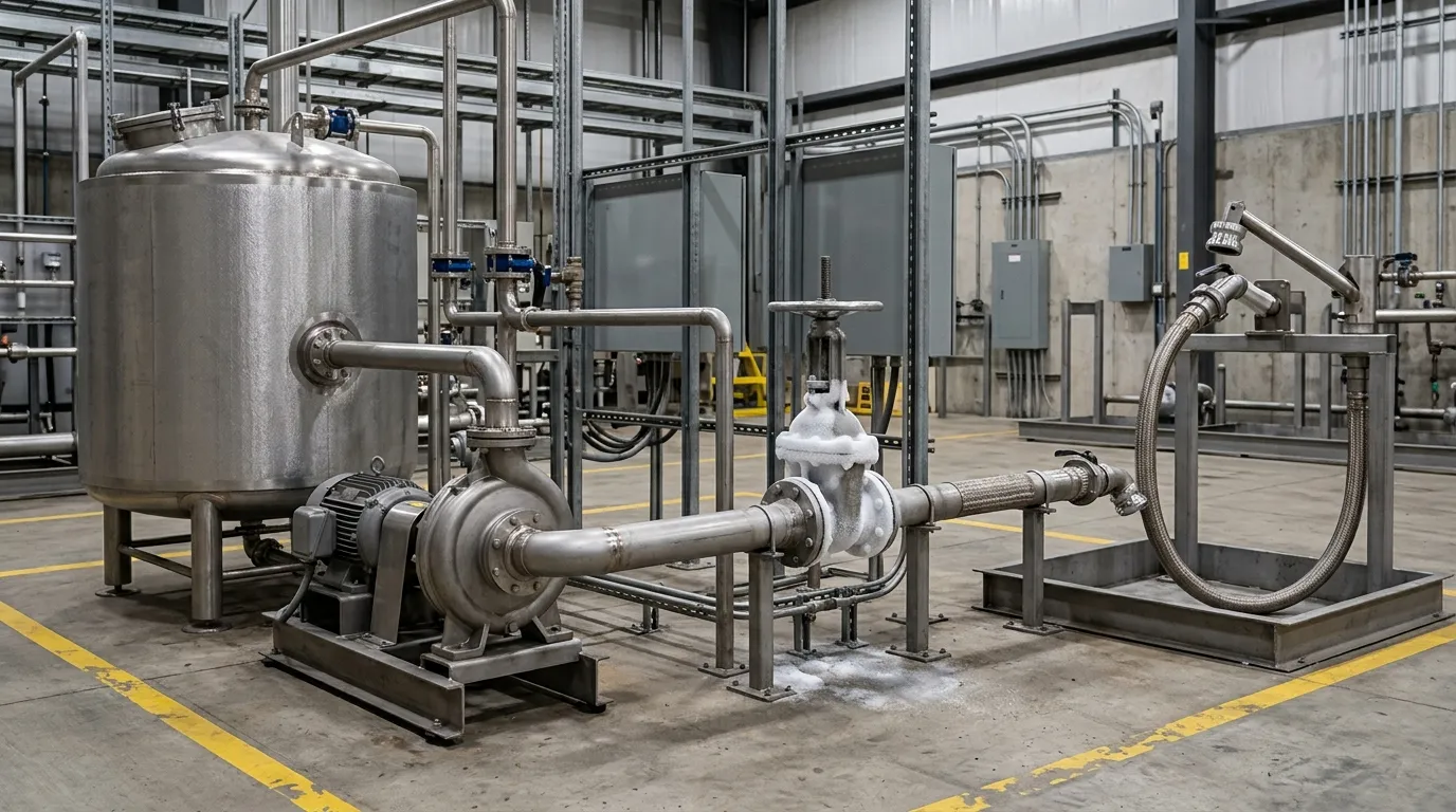 Unbranded potassium formate brine transfer equipment with crystal deposits at an exposed valve