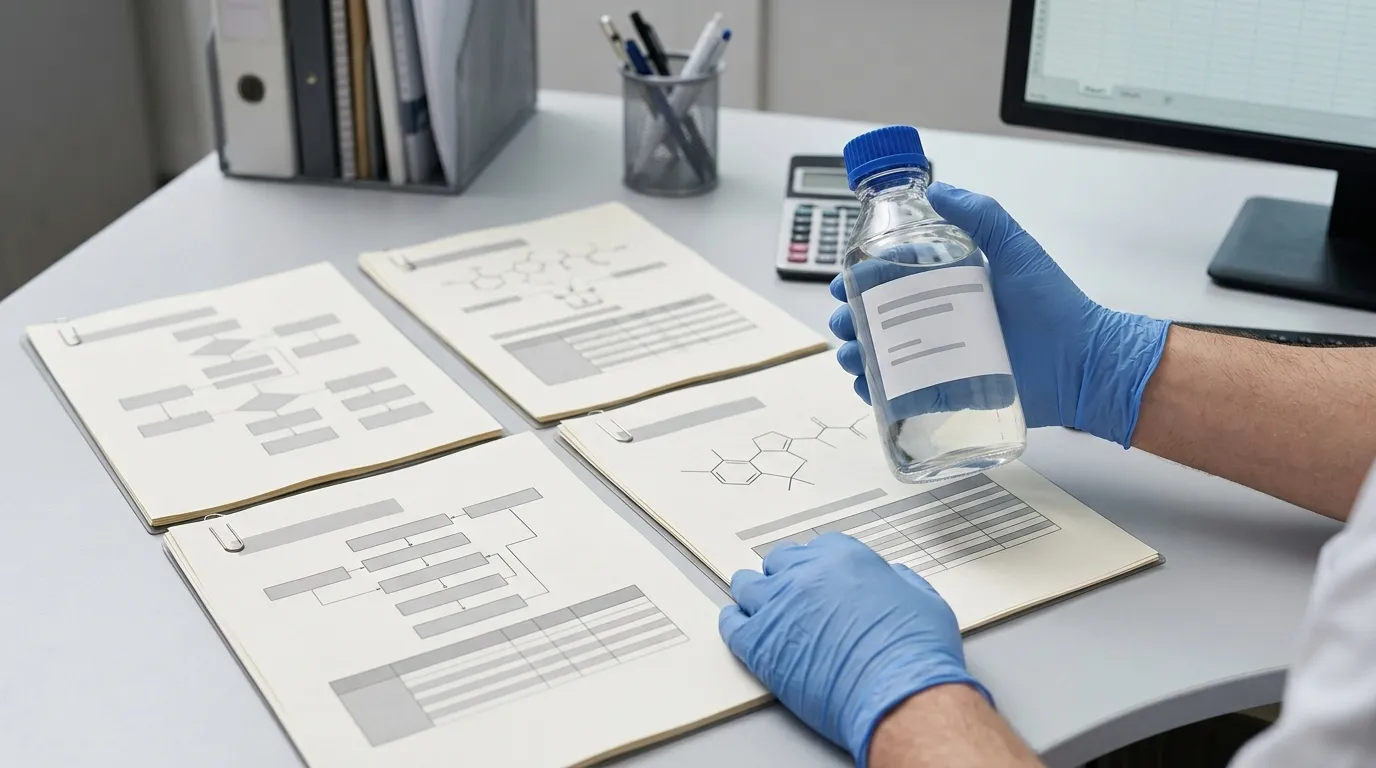Gloved hands reviewing a sealed liquid sample and unreadable technical documents