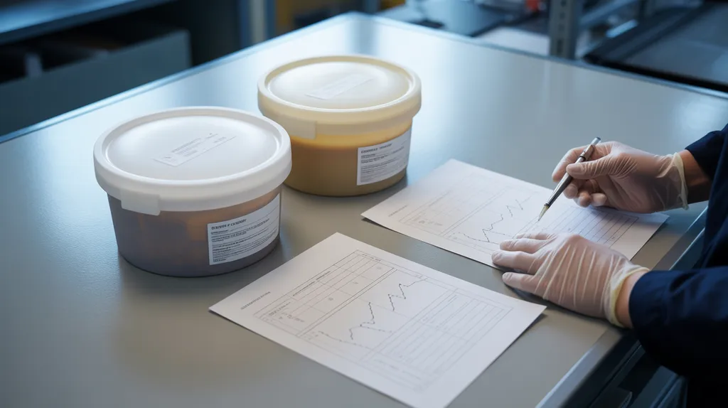 Unbranded chemical samples and unreadable technical documents on an inspection table