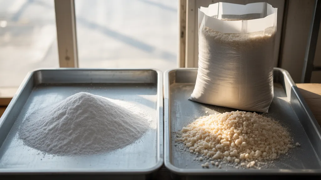 Dry soda ash granules beside moisture-clumped material