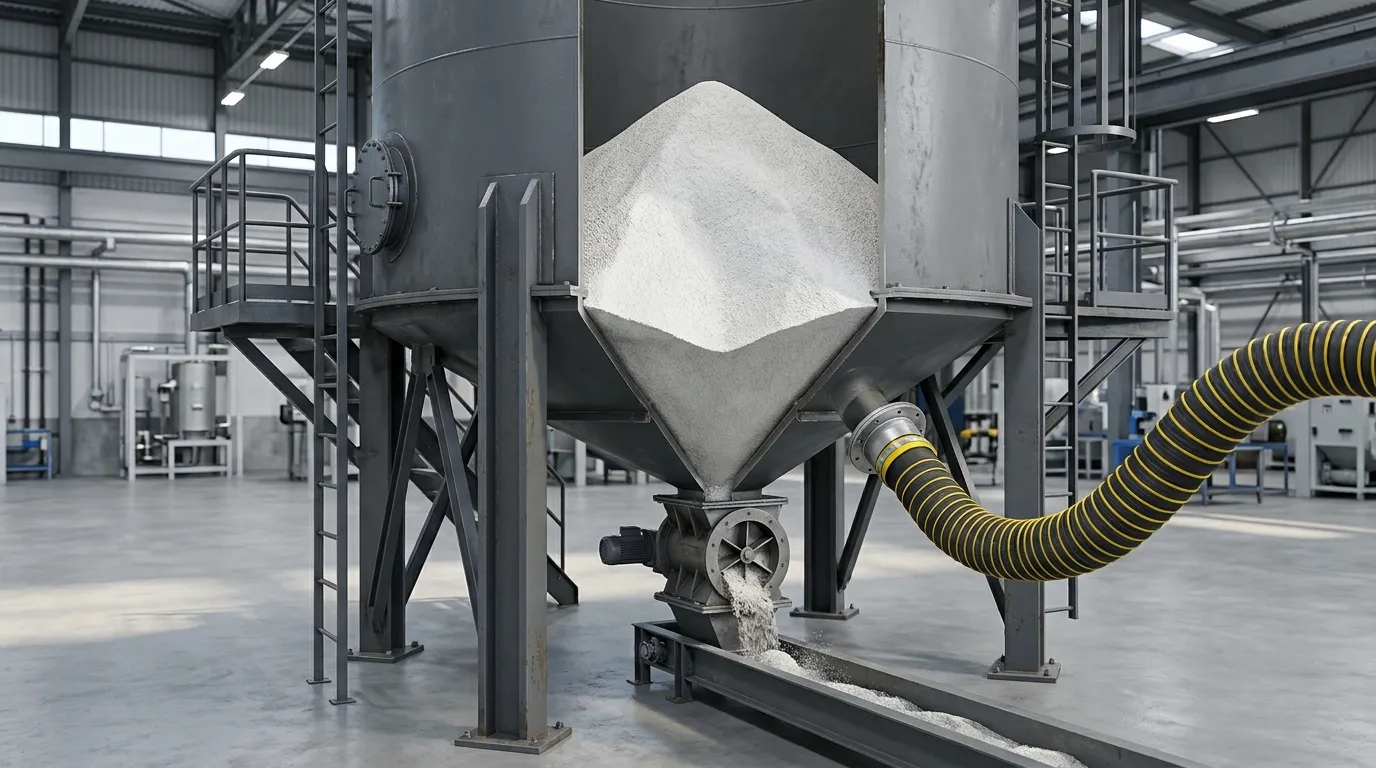 Bulk soda ash flowing from a silo toward a feeder