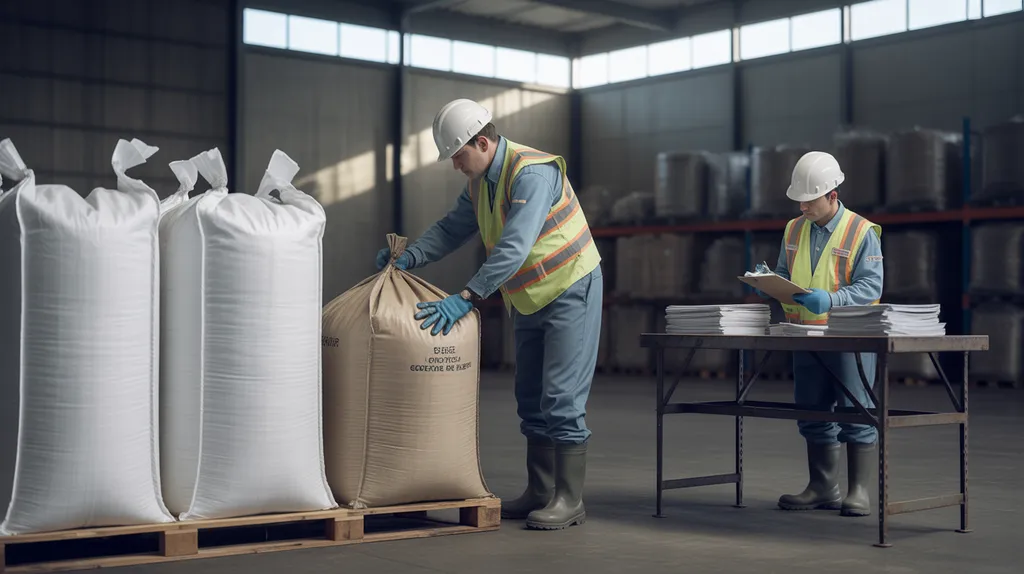 Worker inspecting unbranded soda ash packaging beside technical documents