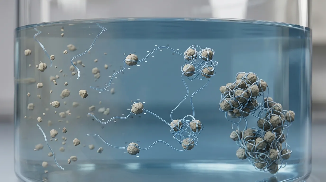 Polyacrylamide chains connecting suspended particles into larger flocs in water
