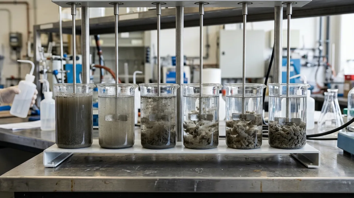 Bench-scale vessels showing different floc structures during polyacrylamide comparison testing